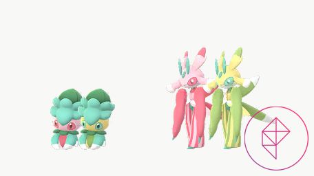 Shiny Fomantis och Lurantis i Pokémon Go.  Fomantis övergår från grönt och rosa till grönt och gult.  Lurantis blir från rosa och grön till gul och grön.