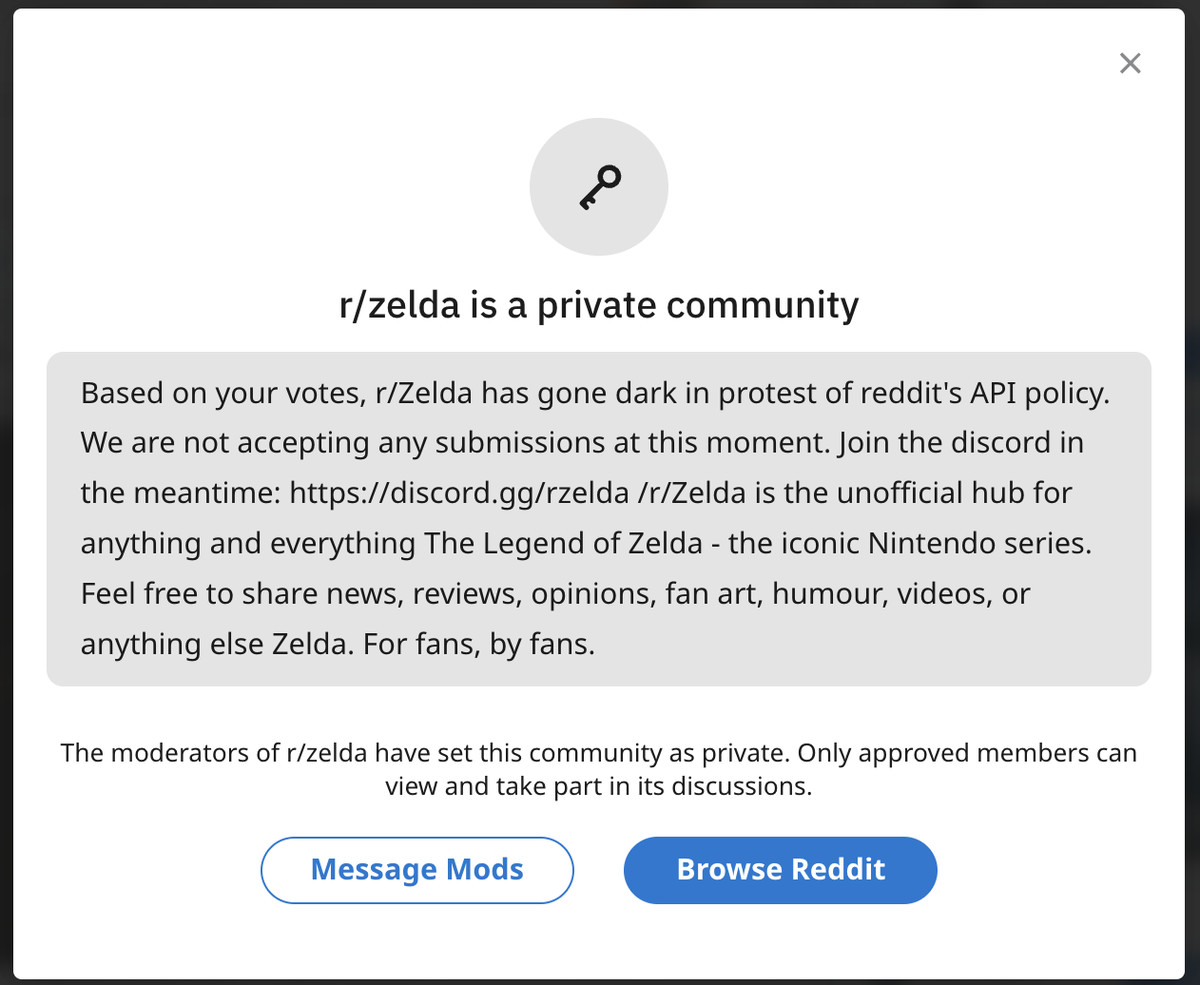 En skärmdump av en popup som visas på r/zelda subreddit och säger att det nu är en privat gemenskap.