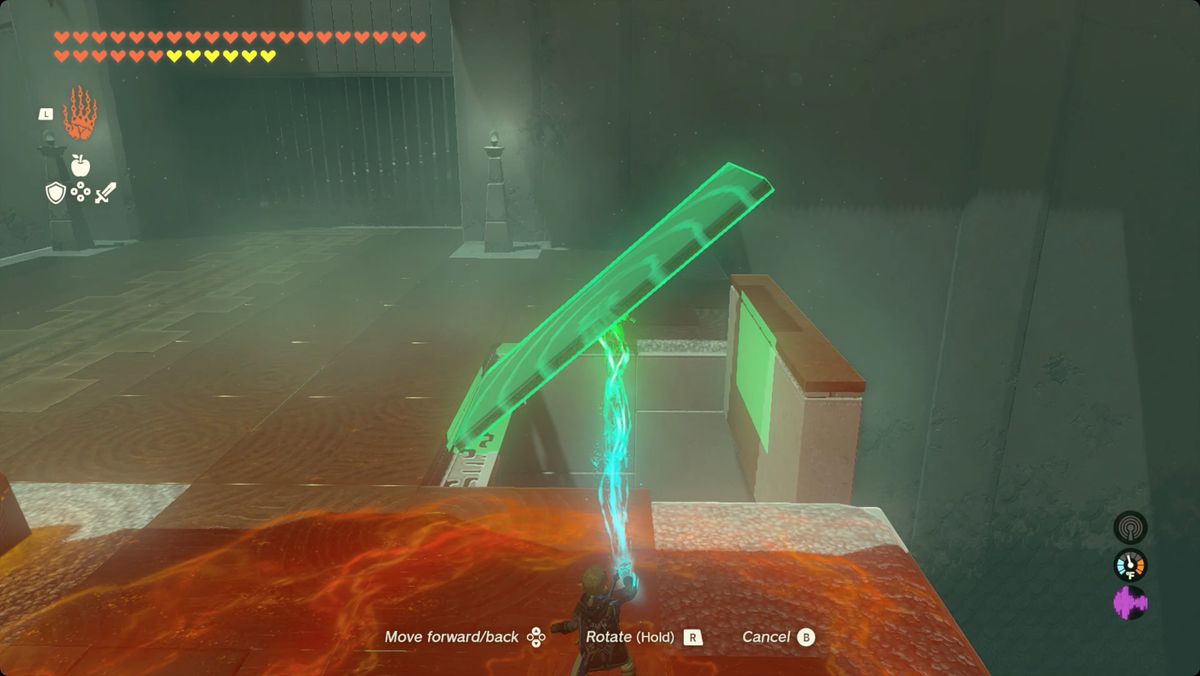 The Legend of Zelda: Tears of the Kingdom Länka med Ultrahand för att placera en metallpanel som gör en ramp i Ren-iz Shrine.