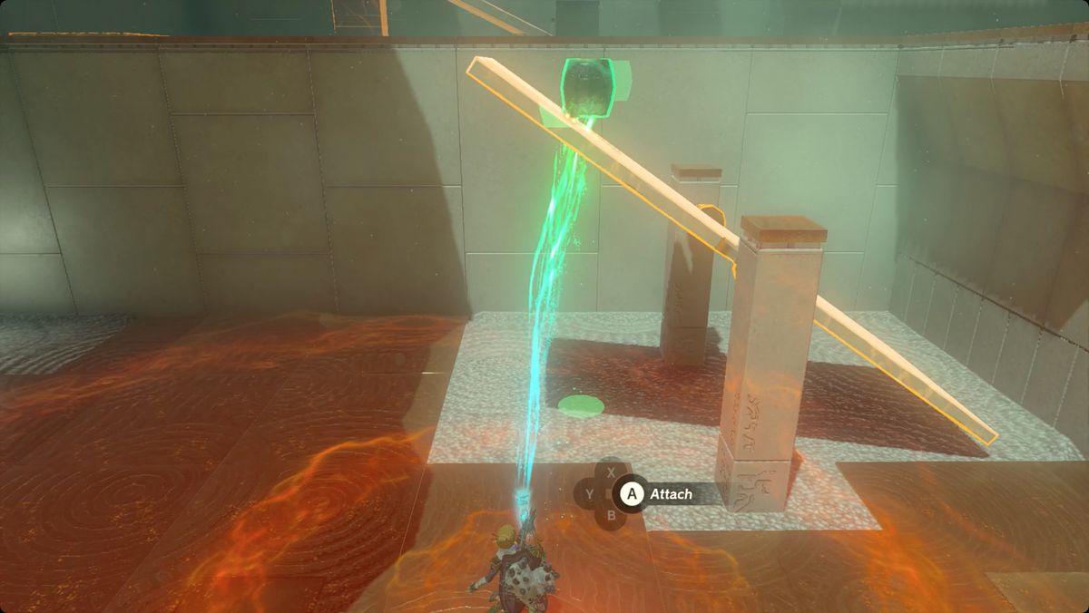 The Legend of Zelda: Tears of the Kingdom Link använder Ultrahand för att fästa en metalltunna på en gungbräda i Rotsumamu Shrine