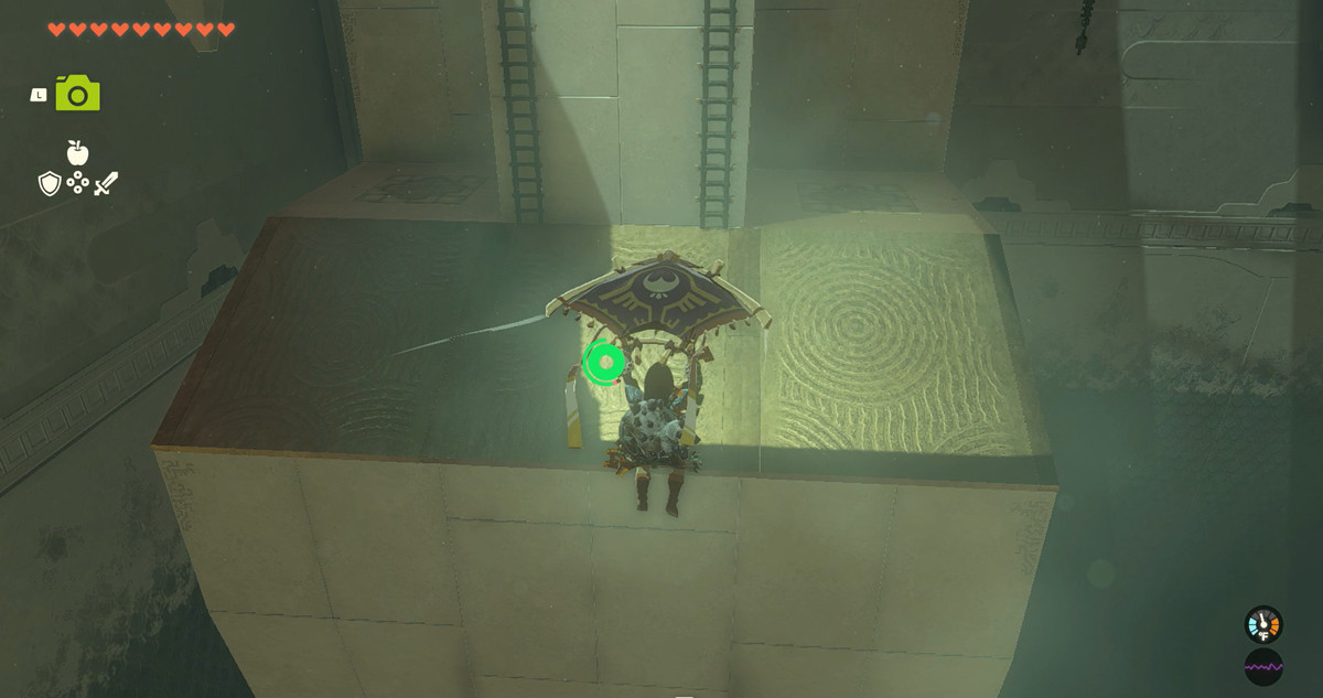 Skärmdump av Runakit Shrine, som visar Link som glider till två stegar.