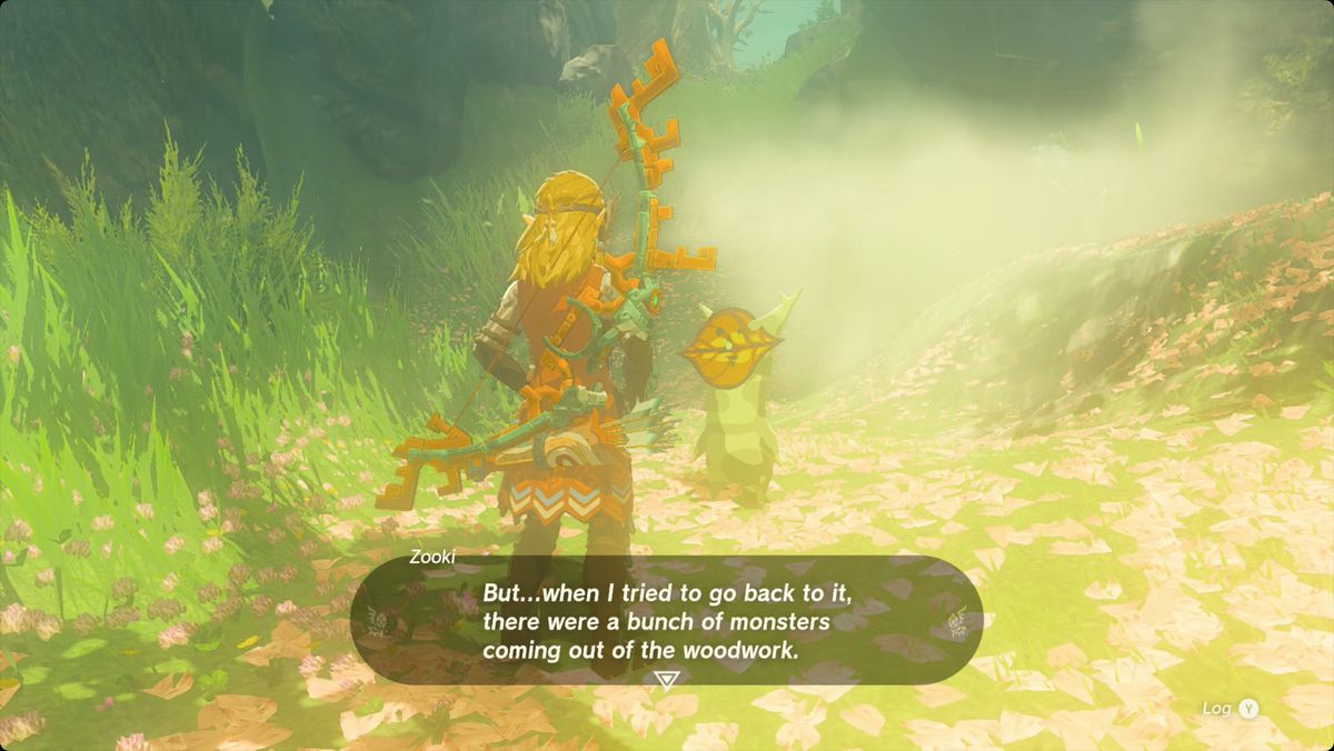 The Legend of Zelda: Tears of the Kingdom Link talar till Zooki the Korok på väg till Sakunbomar Shrine.