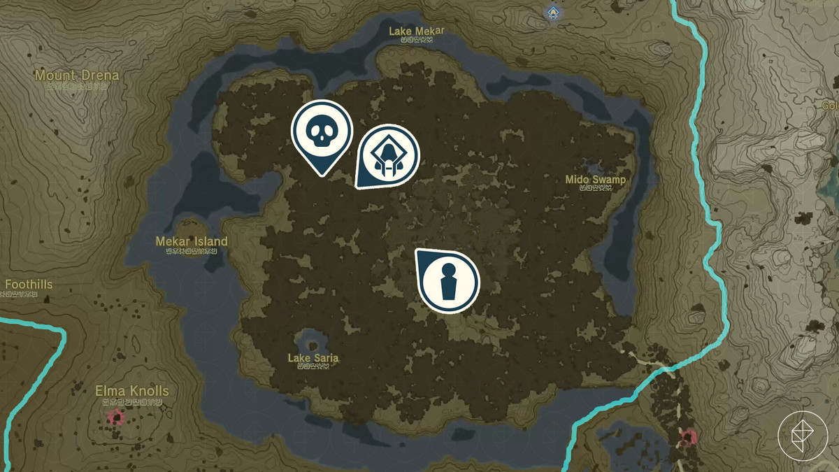 The Legend of Zelda: Tears of the Kingdom-karta som visar platsen för Zookie, Sakunbomar Shrine och Stone Talus.