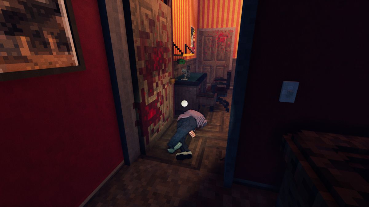En död medborgare spretar i en blodig dörröppning i Shadows of Doubt, mogen för spelaren att hitta och undersöka.