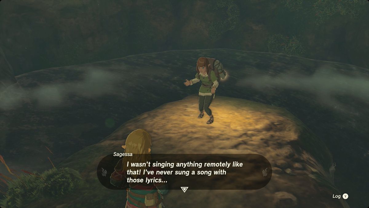 The Legend of Zelda: Tears of the Kingdom Link talar med Sagessa inne i Haran Lakefront Well.