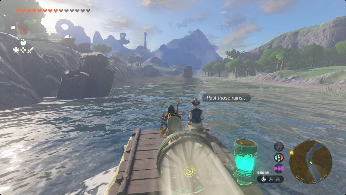 The Legend of Zelda: Tears of the Kingdom Link kör en luftbåt för att ta Izra nedför floden
