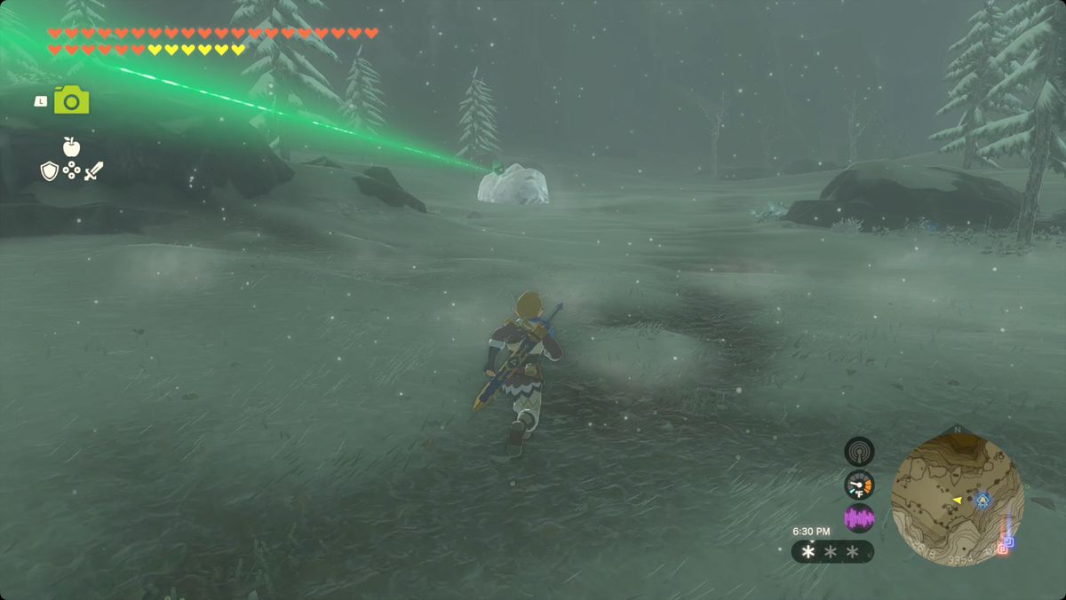 The Legend of Zelda: Tears of the Kingdom Länk efter den gröna strålen till North Hebra Mountains Crystal.