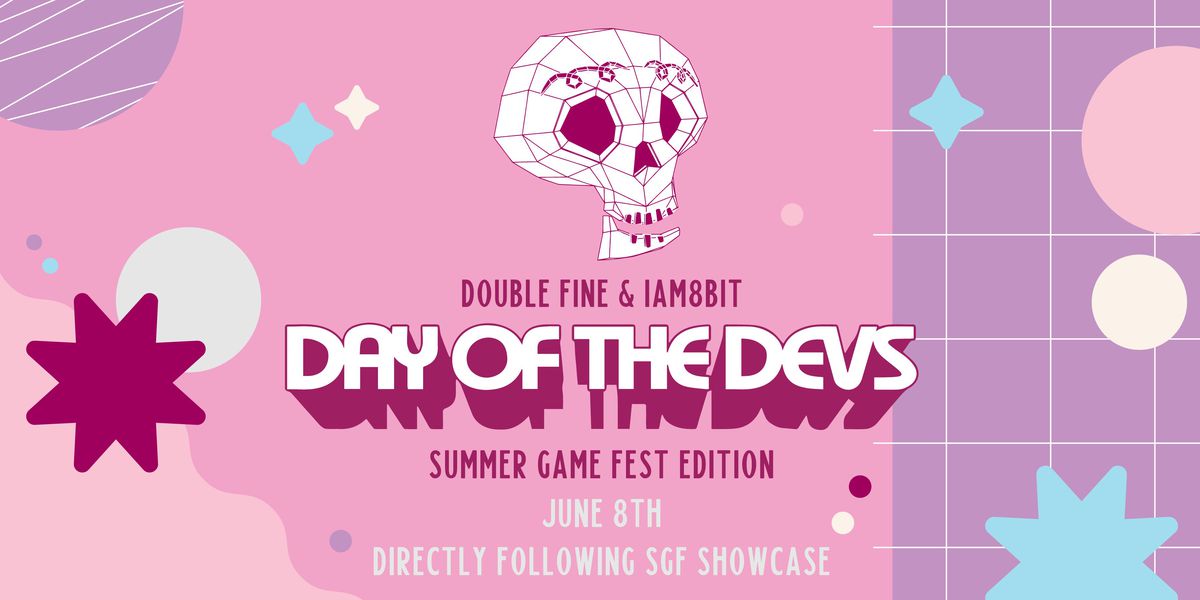 Konstverk för Day of the Devs: Summer Game Fest Edition med en polygonal skalle och evenemangsdetaljer