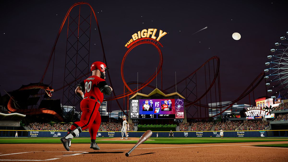 Hammer Longballo börjar sitt baslopp efter att ha träffat en homer i Super Mega Baseball 4
