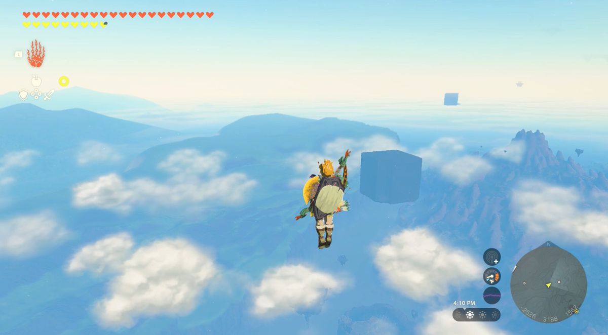 Link svävar på himlen nära vindtemplet i Zelda: Tears of the Kingdom