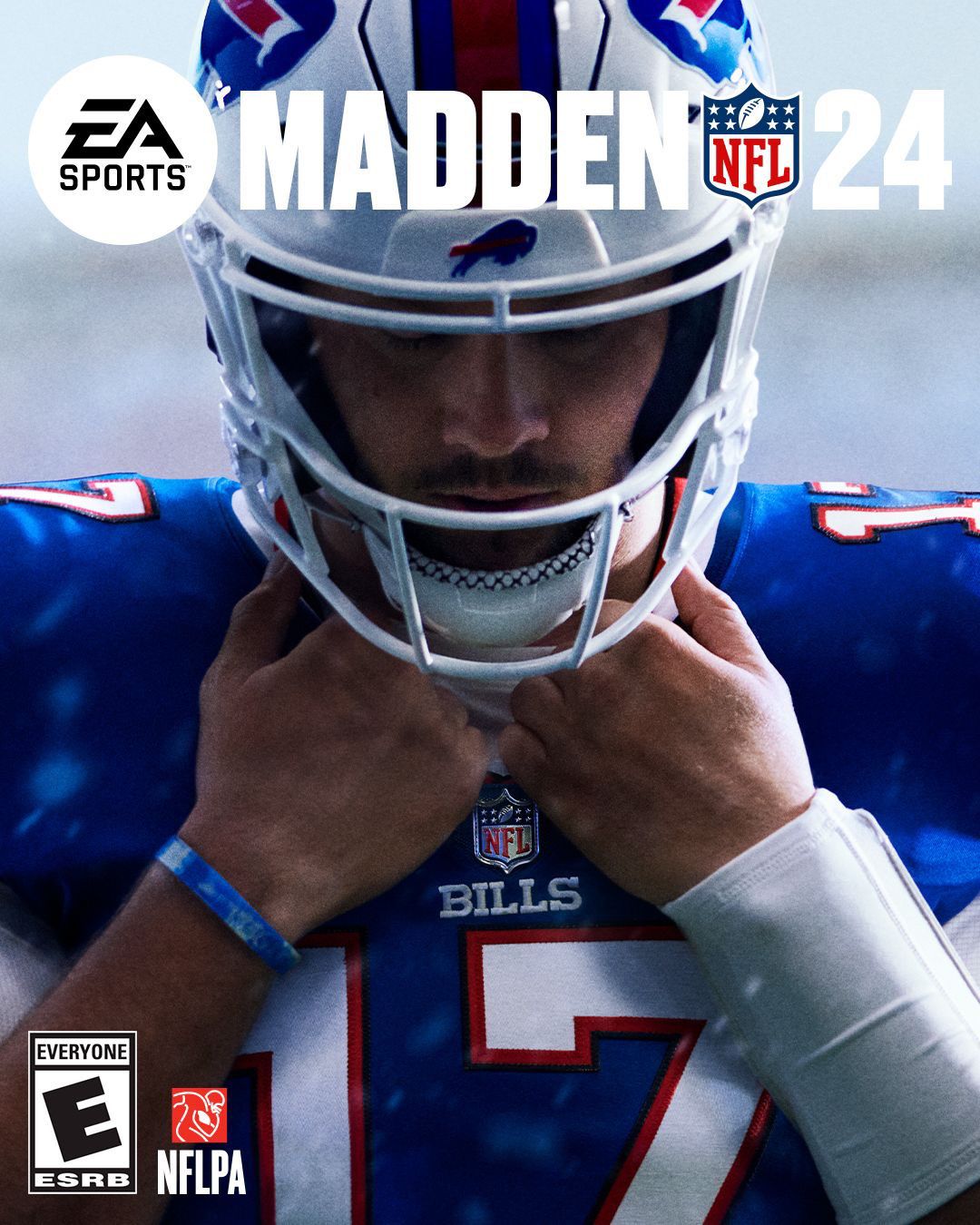 Omslaget till Madden NFL 24:s standardutgåva, en närbild av Bills QB Josh Allen som drar i kragen på sin tröja