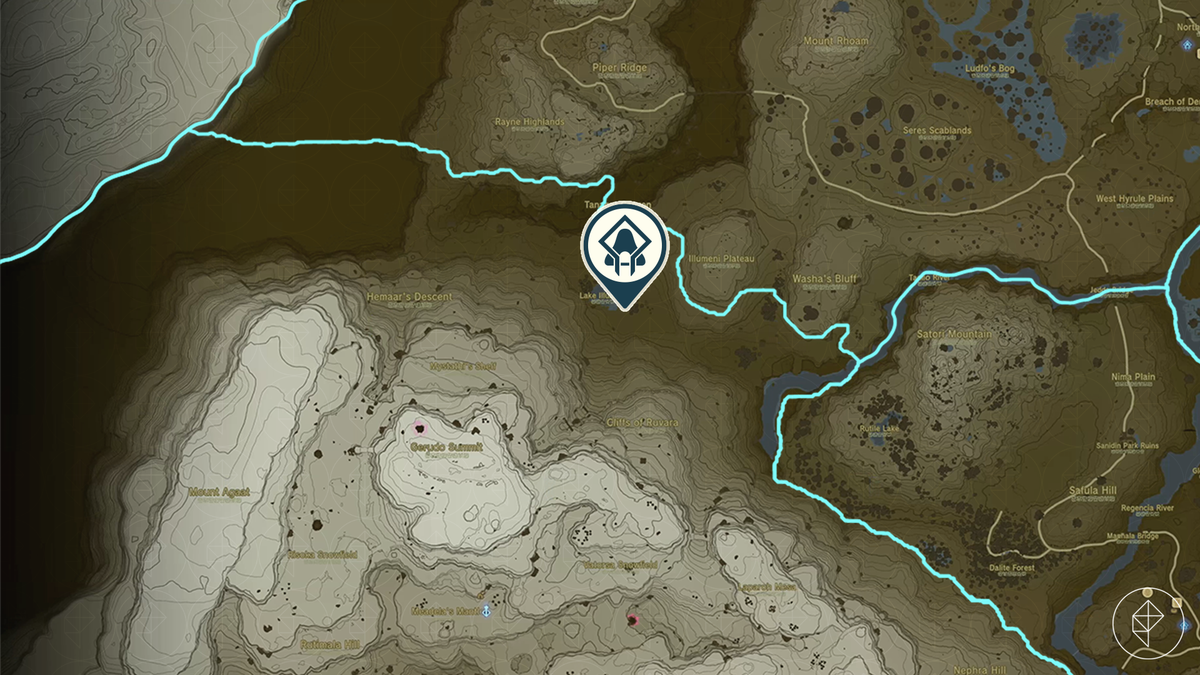 En bild av en karta som visar Turakawak Shrine i The Legend of Zelda: Tears of the Kingdom.  Det ligger i Tabantha Frontier-regionen. 