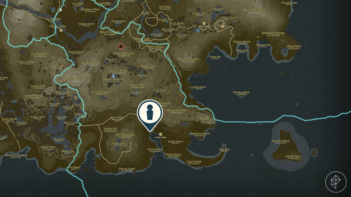 Bosnons plats i Lurelin Village markerad på kartan över Hyrule i The Legend of Zelda: Tears of the Kingdom.