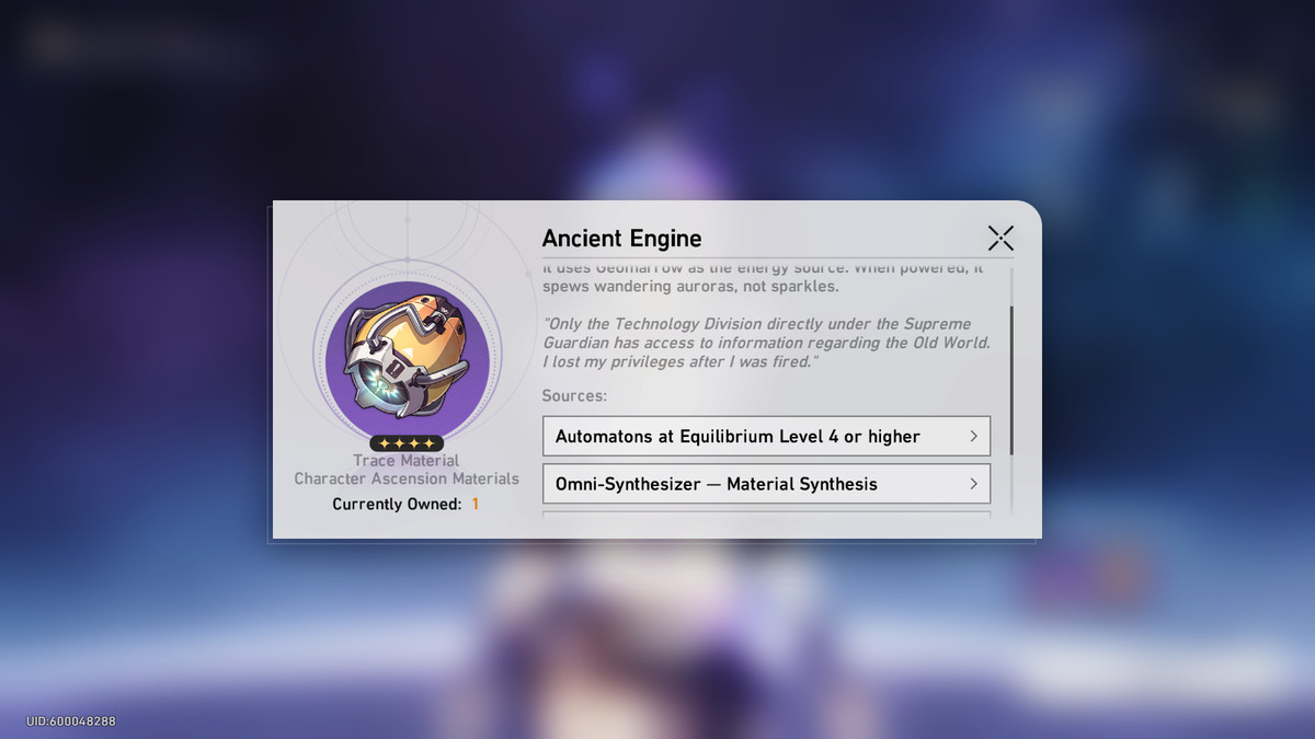 Menyskärmen för en uråldrig motor, ett fiendefall i Honkai: Star Rail