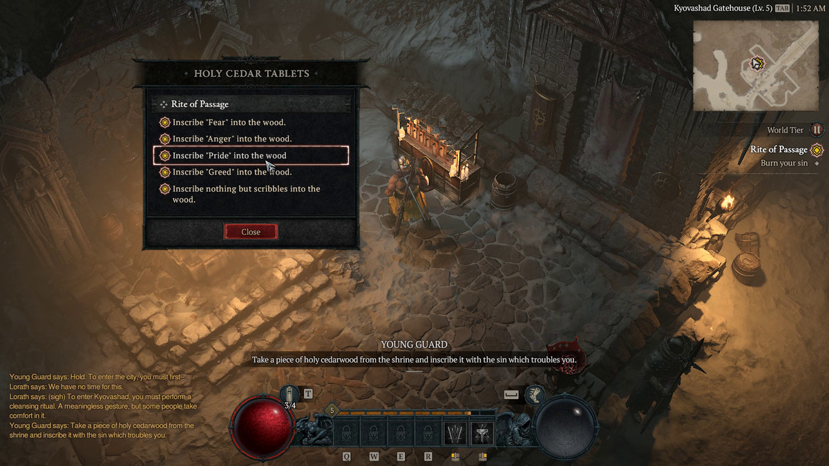 En meny visas för inskrivning av synd i Diablo 4