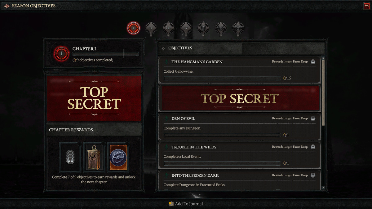 En menyskärm som visar prestationsliknande mål och belöningar i Diablo 4, med några maskerade med TOP SECRET-tecken