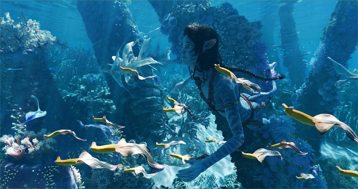 Kiri simmar genom koraller och en flik med bananskalsfiskar i Avatar: The Way of Water