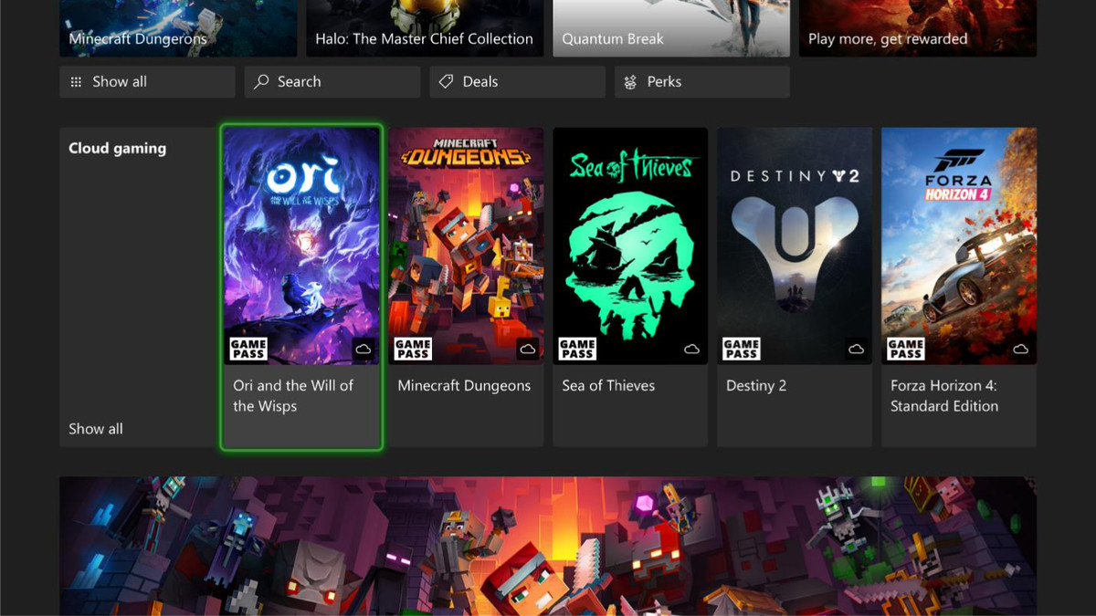 screen showing five titles available for cloud gaming on Xbox consoles