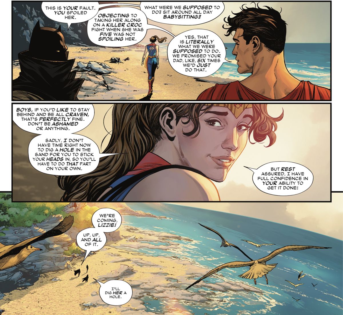 Batman/Damian Wayne och Stålmannen/Jon Kent tjafsar om vem som skämde bort Wonder Woman/Lizzie när de var barn och var barnvakt.  Lizzie skämtar om att om de skulle vilja bli av med sitt superuppdrag så skulle hon inte tänka mindre om dem i Wonder Woman #800 (2023). 