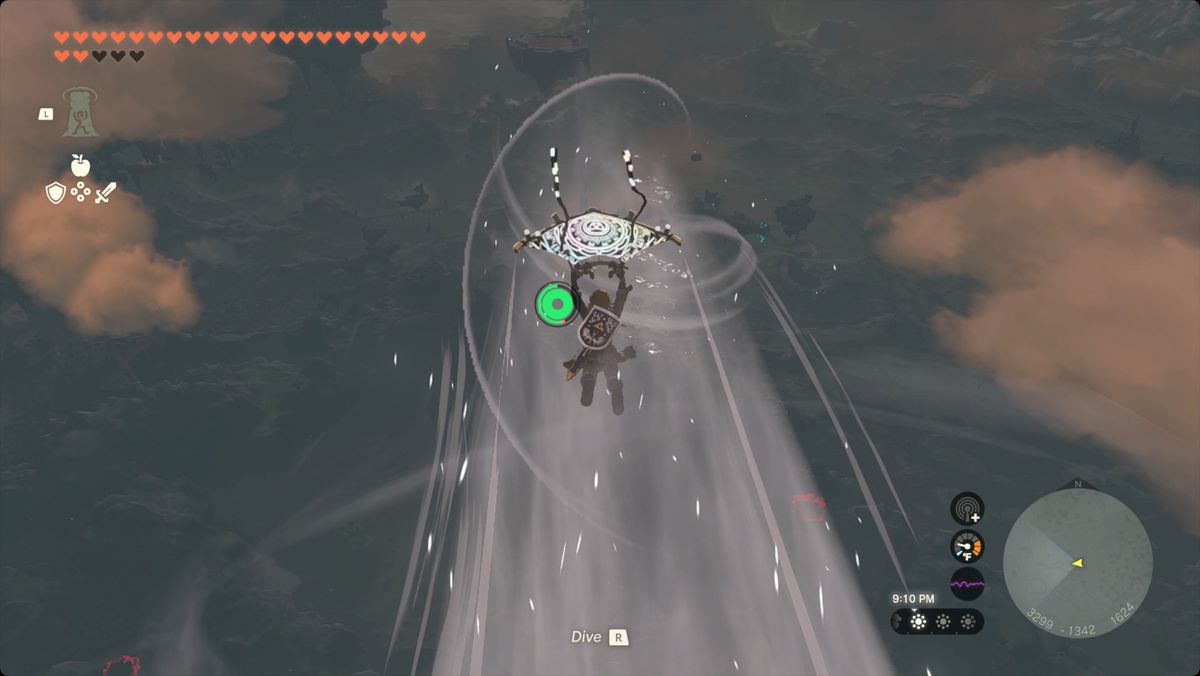 The Legend of Zelda: Tears of the Kingdom Link använder Tulins Gust förmåga att skärmflyga mot Yansamin Shrine