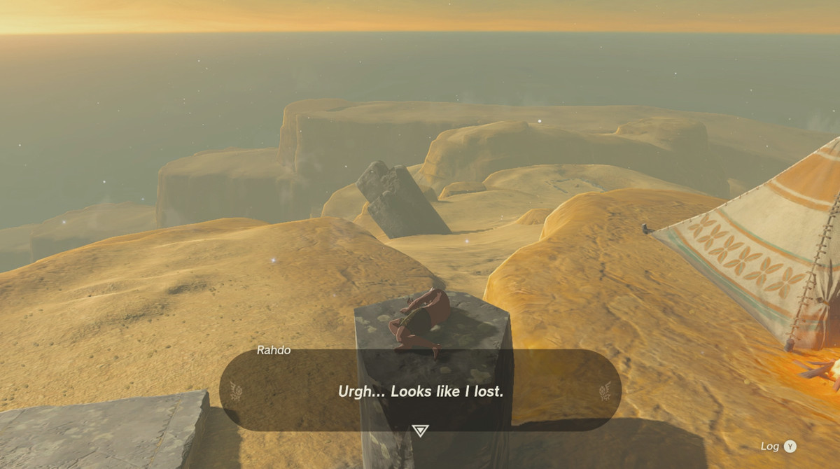 En bild visar Rahdo från The Legend of Zelda: Tears of the Kingdom svimmade på en sten.  Texten på bilden lyder: 