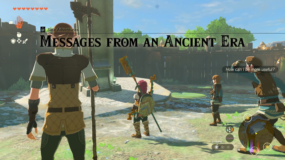 Link is surrounded by a group of villagers in awe of a stone tablet that fell from the sky in Zelda: Tears of the Kingdom