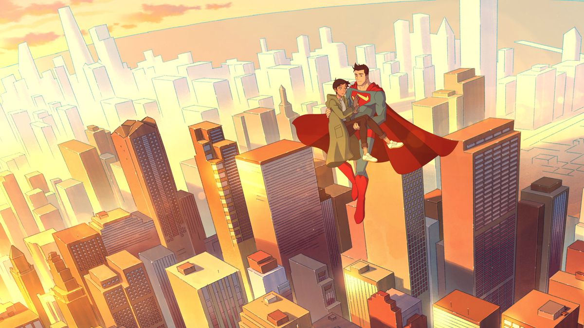 Stålmannen flyger och bär Lois Lane över Metropolis