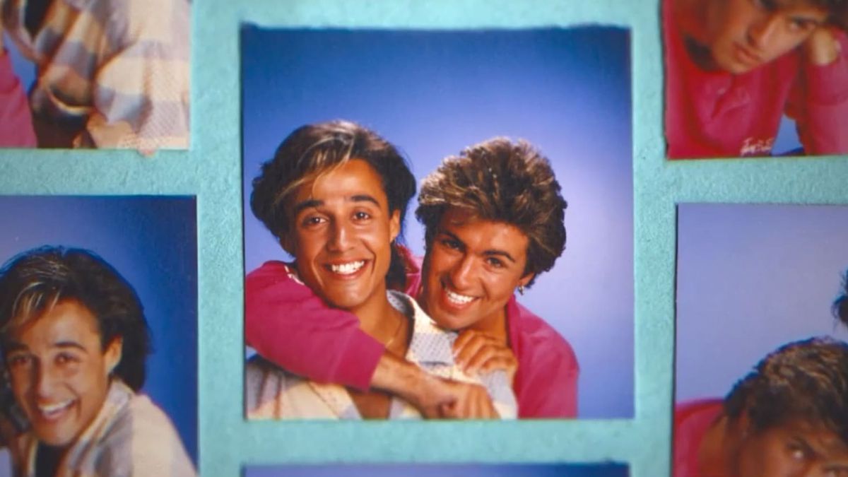 Collagebild av foton med Wham!  bandkamraterna George Michael och Andrew Ridgeley i Wham!