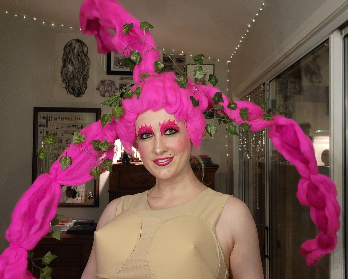 The author in the full Great Fairy makeup and bright pink hair