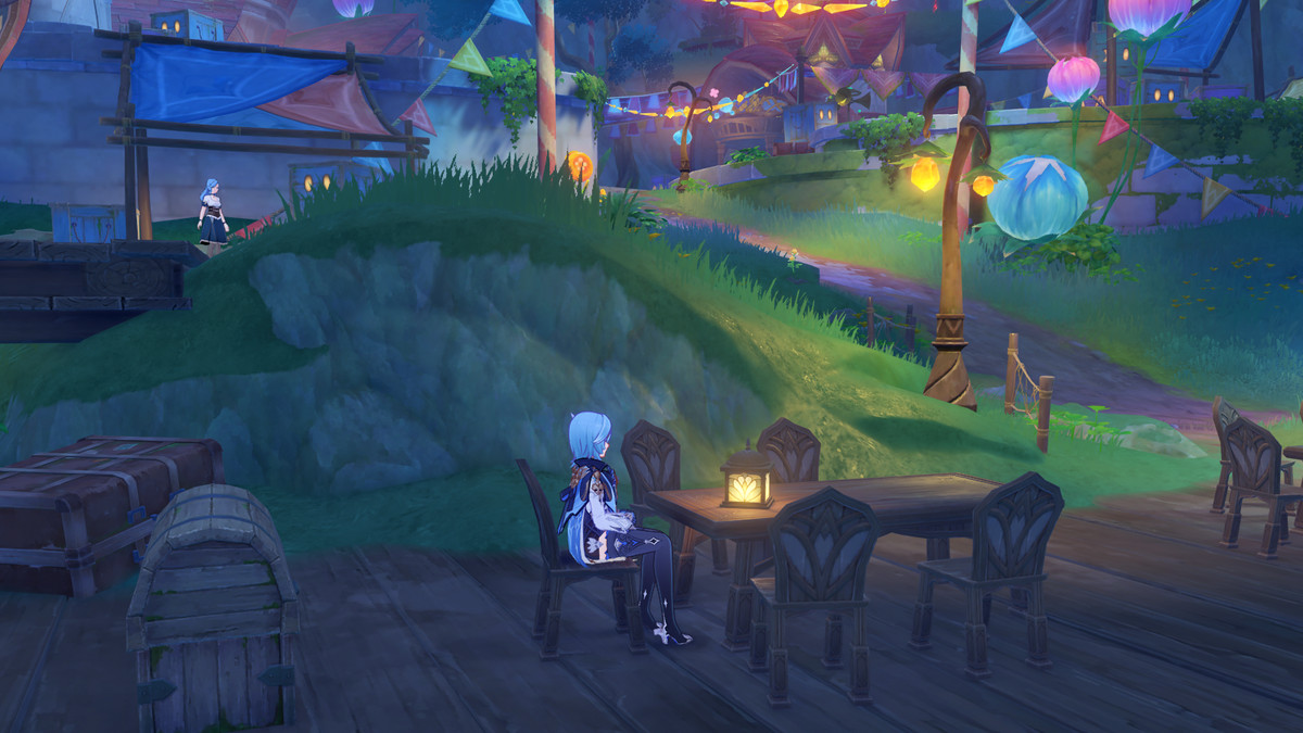 Eula sitter vid bordets spets med en lampa på som en del av världsuppdraget Returning Curios för att ta emot den första gömda skatten i Genshin Impacts Secret Summer Paradise-evenemang.