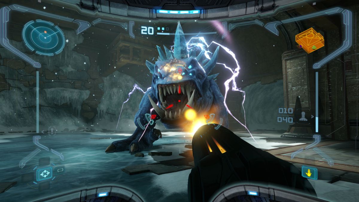 I förstapersonsperspektiv skjuter Samus på en istäckt chef i Metroid Prime Remastered