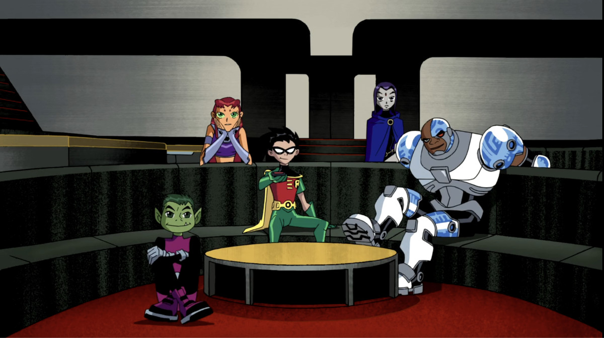 Beast, Starfire, Robin, Raven och Cyborg sitter i soffan i deras högkvarter och tittar på TV