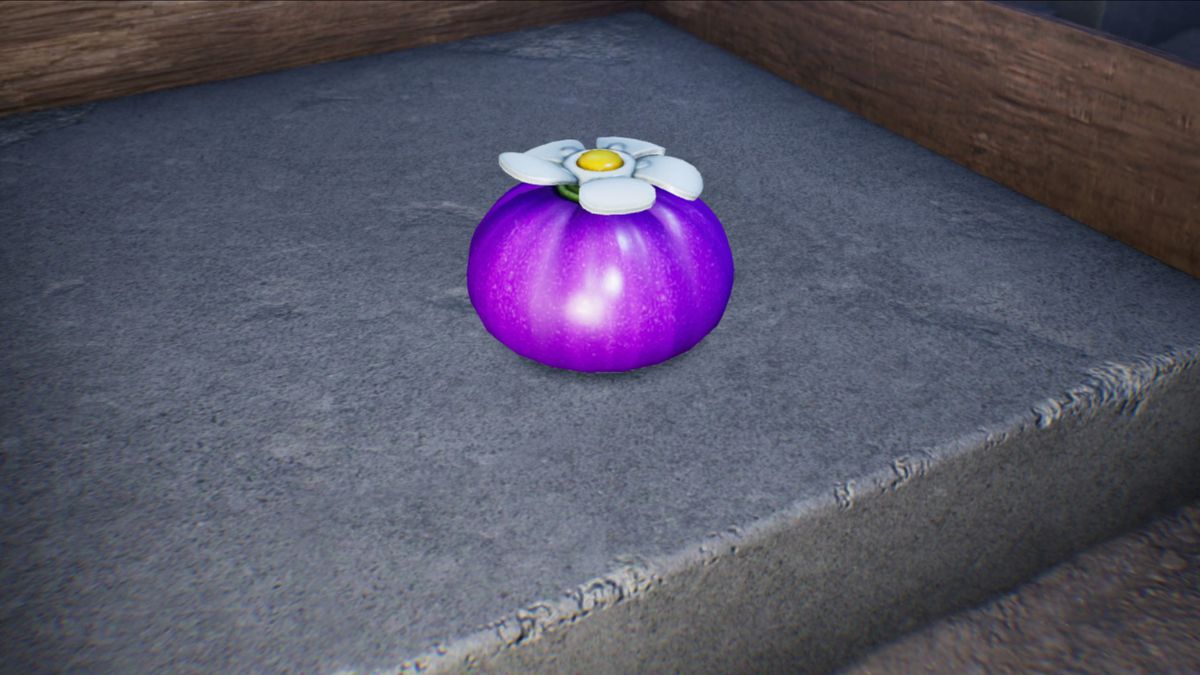 En lila lök i Pikmin 4 sitter ensam i en grotta på lite betong