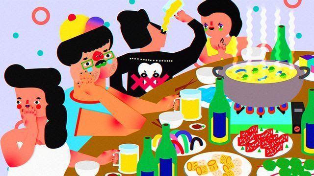 En animerad bild av människor som dricker vid ett bord på en fest från Wong Ping: Between Desire and Isolation
