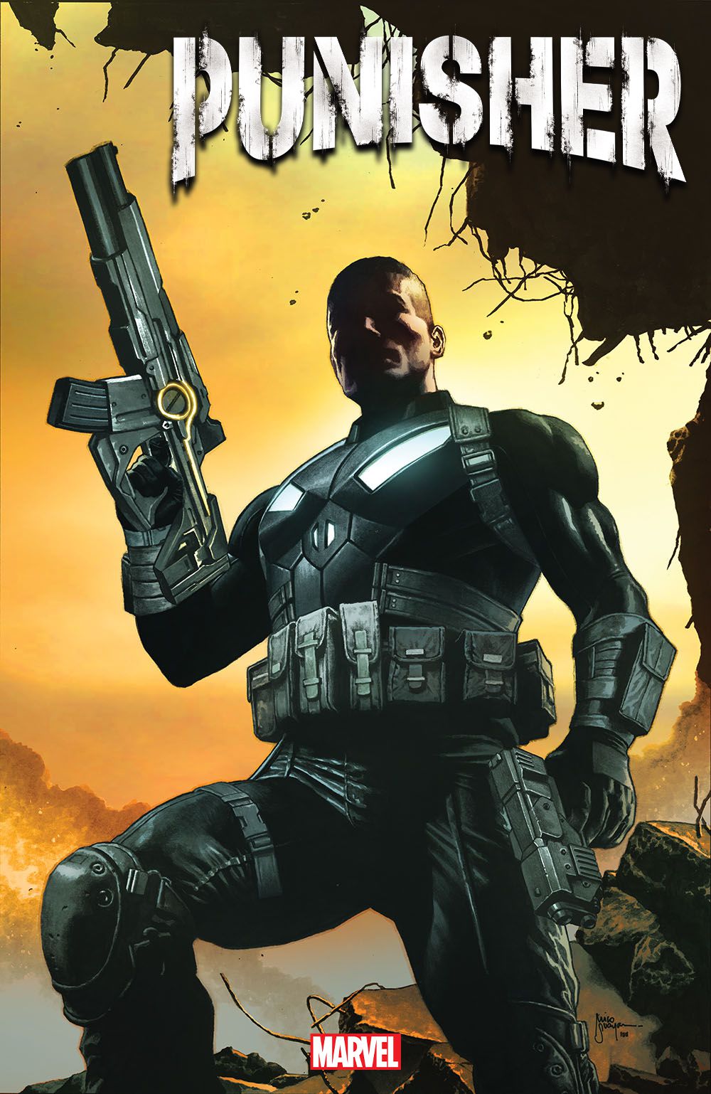 Joe Garrison/The Punisher lyfter sin laserpistol på omslaget till The Punisher #1 (2023). 