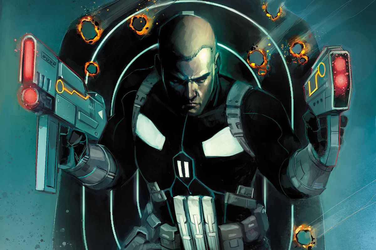 Joe Garrison, före detta SHIELD-agent, dubblar laserpistoler som den nya Punisher i Marvel Comics reklamkonst.