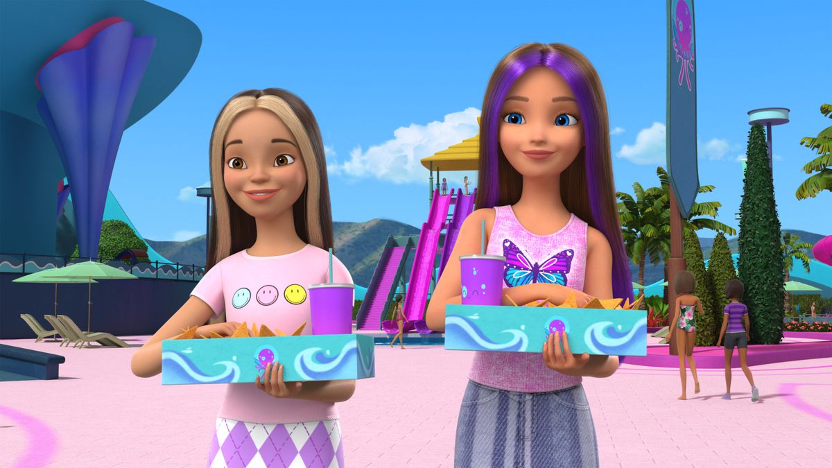 Skipper, a brunette with a purple streak in her hair, holds a bunch of snacks in a water park. Next to her is a girl with dark hair and blonde streaks.