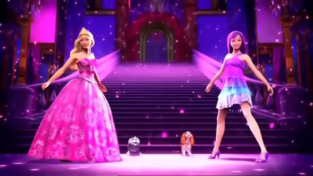 A princess in a pink ballgown standing with a popstar in a short purple dress, both of them under bright pink light.