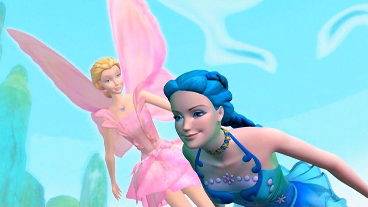 Elina, a blonde fairy with pink wings, swims next to Nori, a blue-haired mermaid. 