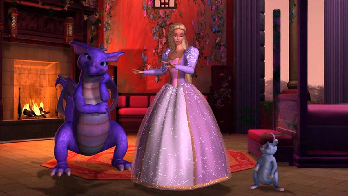 Barbie as Rapunzel, with long blonde hair, wearing a sparkly purple dress. Next to her is a purple dragon and a white rabbit.