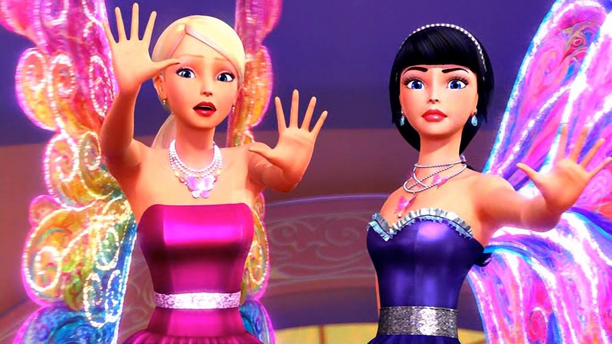 Babrie, a blonde young woman, wearing a magenta dress and holding her hands up in protest, her face is alarmed. She sports rainbow-colored fairy wings. Next to her is Raquelle, a dark-haired girl in a purple dress, with pink and purple wings. She looks determined.