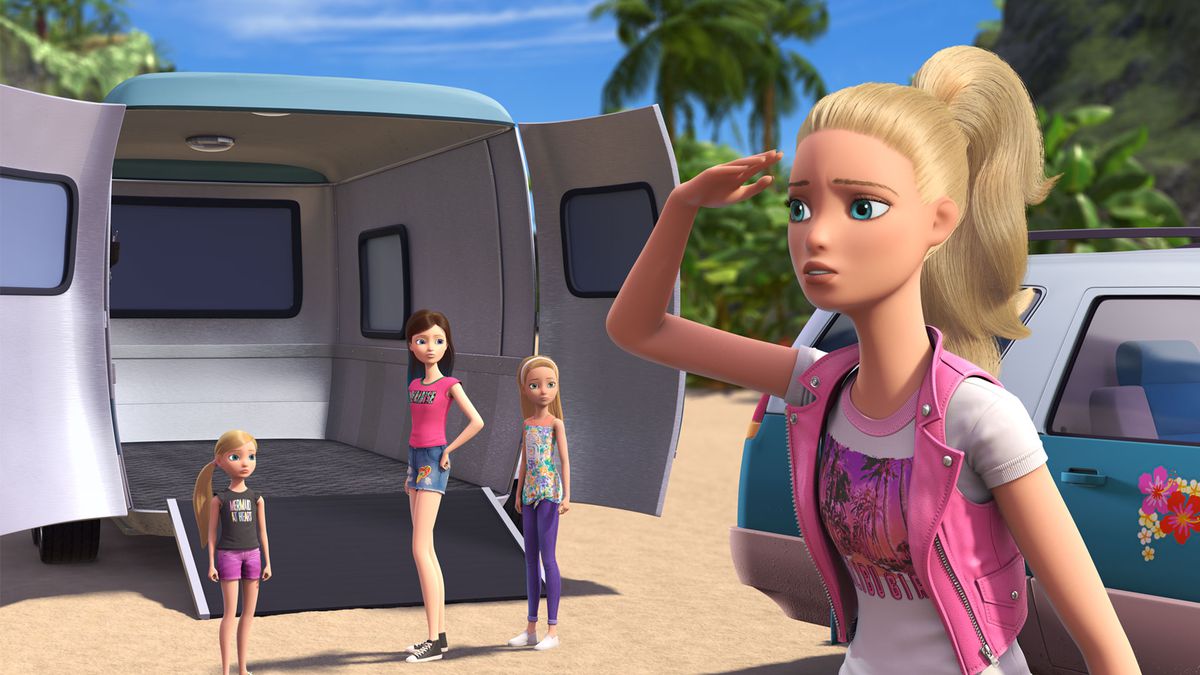 Barbie, her blonde hair in a ponytail, scouting out the surrounding area. Her three sisters stand behind her.