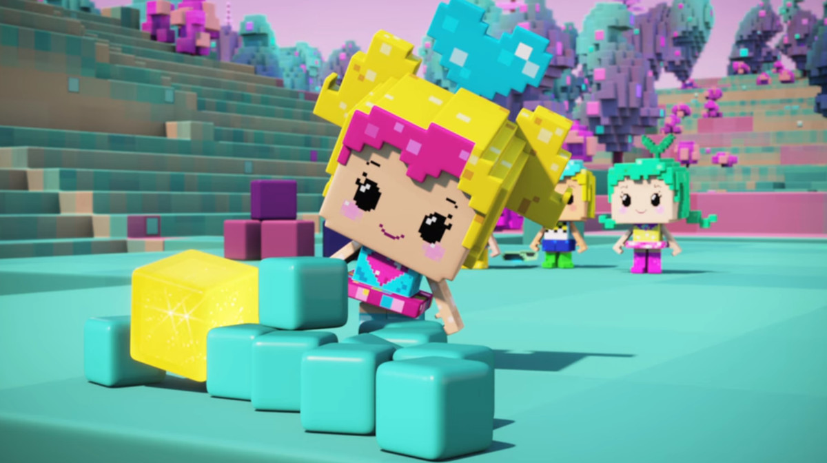 Barbie in a cubic Minecraft-style form, building something with bricks.