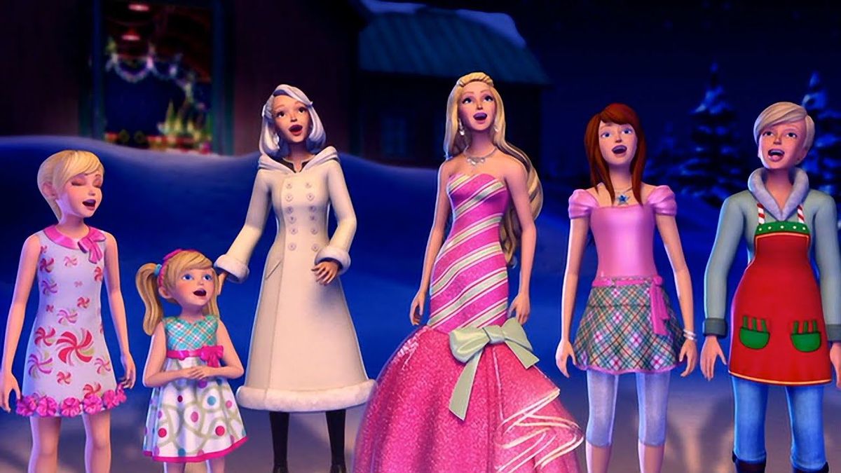 Barbie in an awful pink candy-cane-striped dress standing with her sisters and her aunt in a snowy landscape. They are singing a Christmas carol.