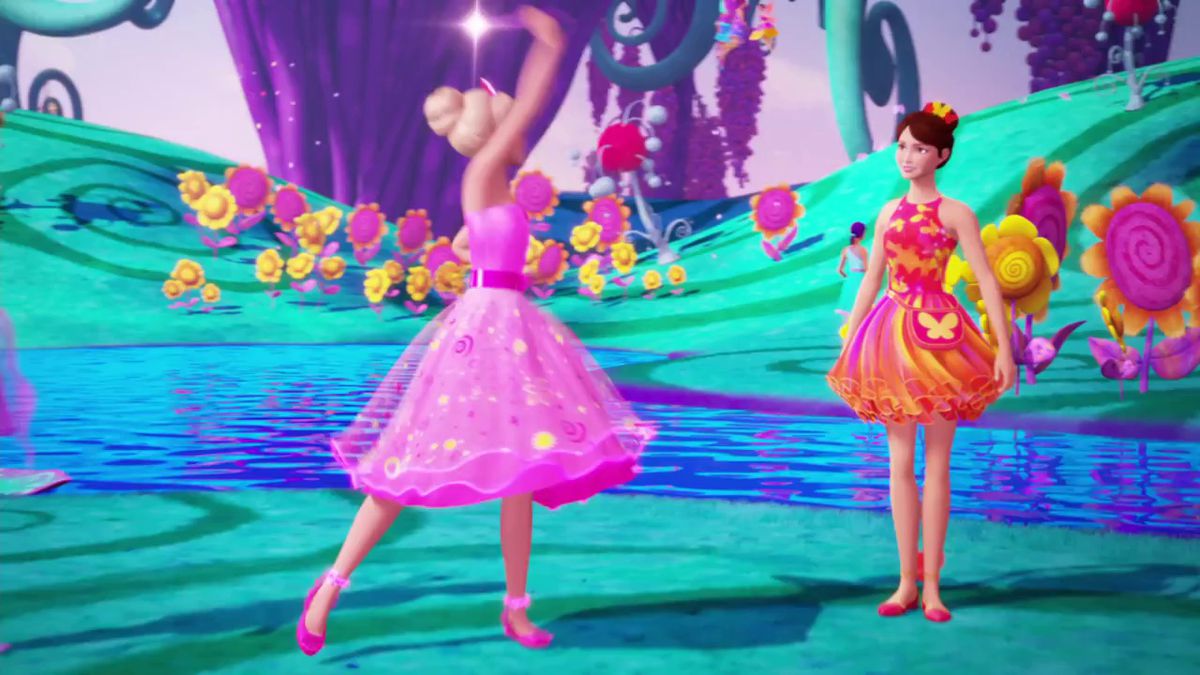 Barbie in a pink dress, holding a magic wand. Next to her is a brunette girl in yellow. They are in a Candyland-esque fantasy world.