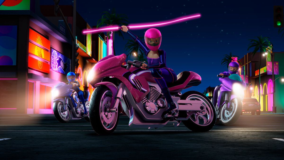 Barbie on a pink motorcycle holding a pink laser sword, racing through a vibrant neon city at night.