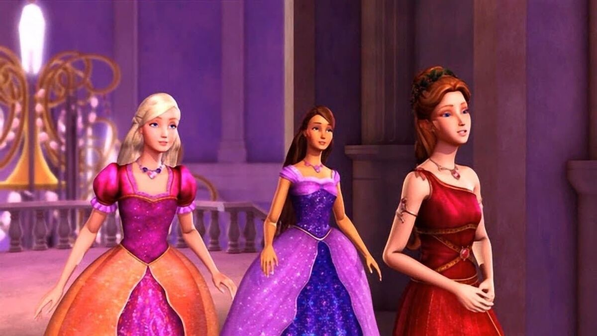 Barbie, a young blonde woman with pale skin, wears a pink and orange dress and stands next to Teresa, a young brunette with tan skin, who is wearing a pink and purple dress. They both follow Melody, a pale red-head girl in dark crimson, as she leads them into a castle.