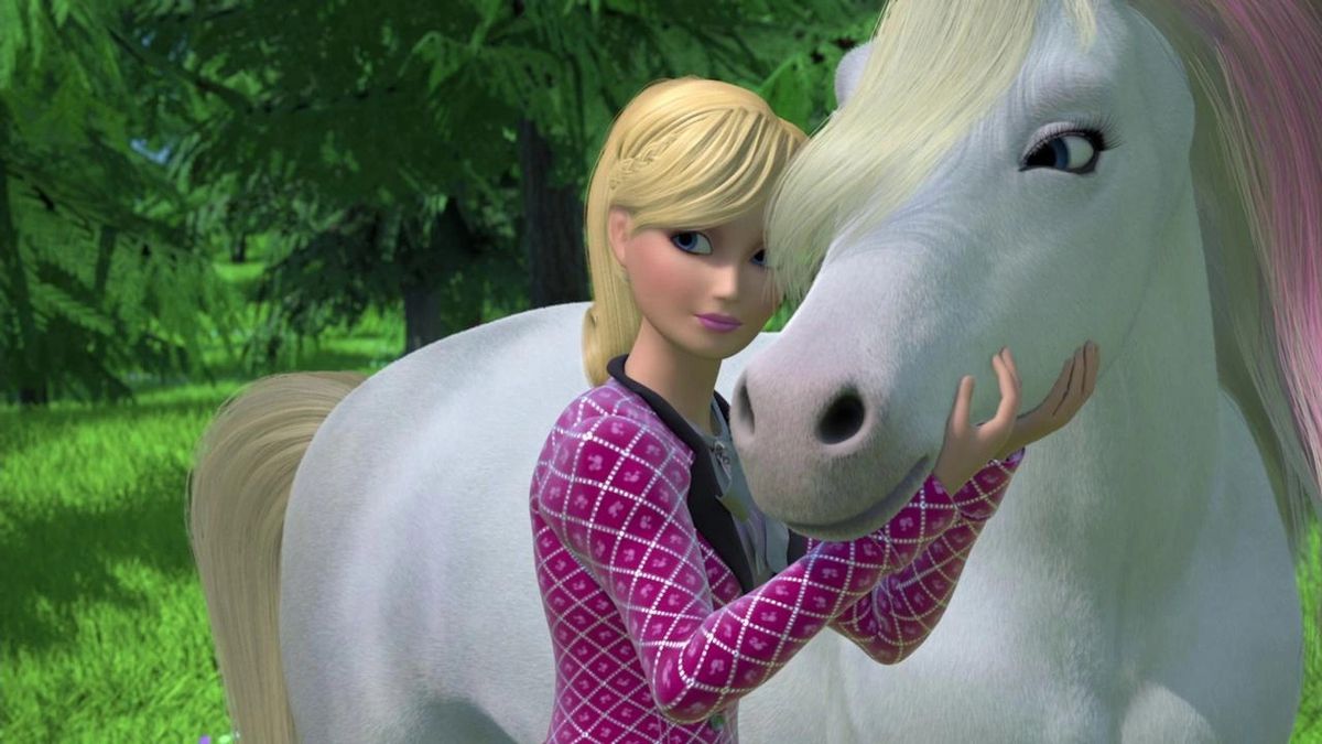 Barbie in a pink riding jacket, nuzzling a white horse.