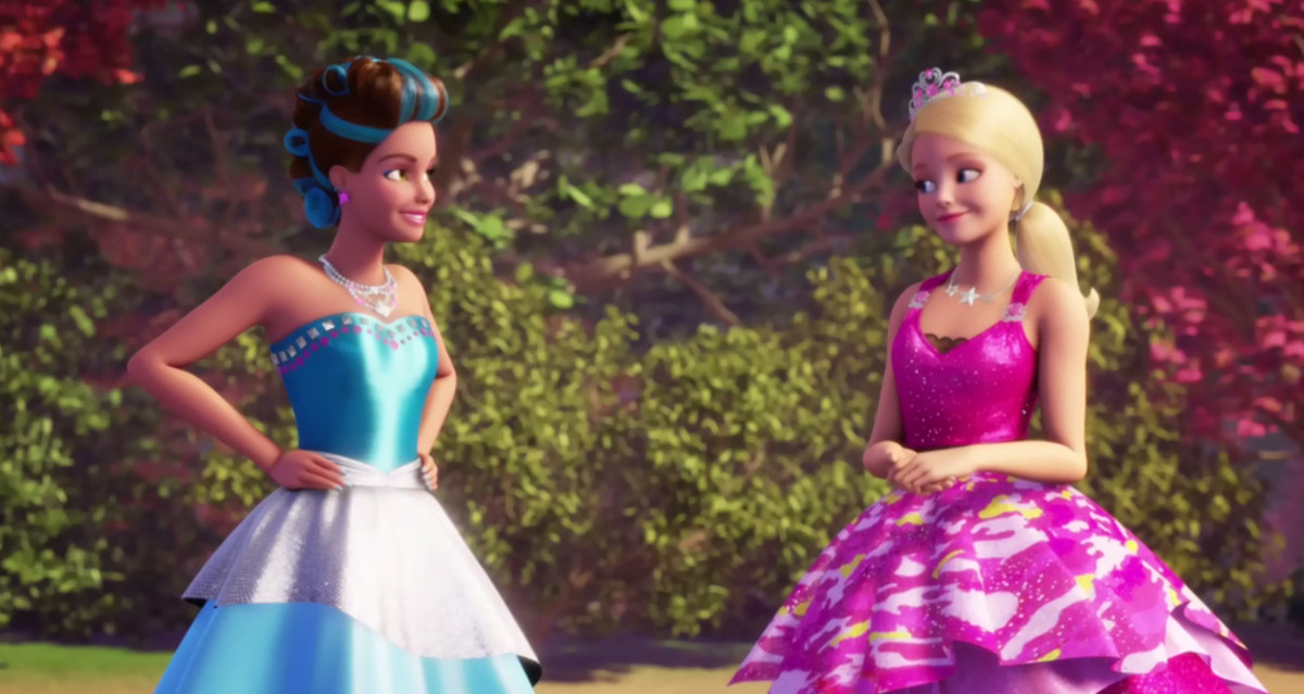 A brunette with blue hair streaks in a blue dress talks to a blonde princess in pink.