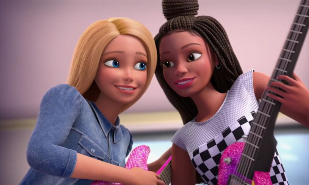 Malibu Barbie, a blonde-haired blue-eyed white girl, and Brooklyn Barbie, a dark-haired dark-eyed Black girl, jam on their pink guitars together.